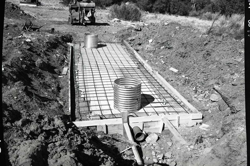 Septic tank formwork and access riser before the concrete lid is poured (historic photo)